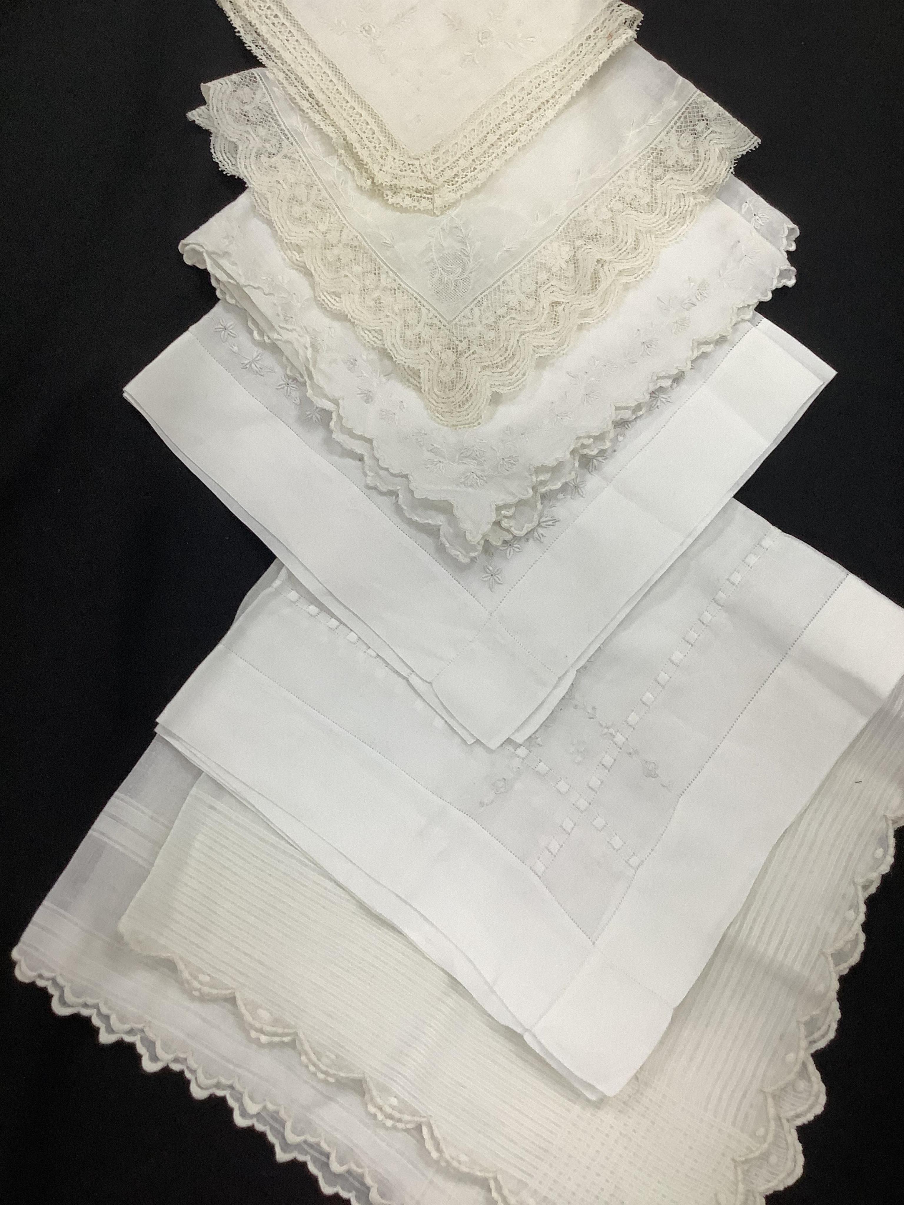 A collection of seventeen mixed late 18th, 19th and early 20th century wedding hankies. Mostly with fine lawn centres, some lace trimmed, white worked or monogram embroidered, together with a needle run on net baby bonne